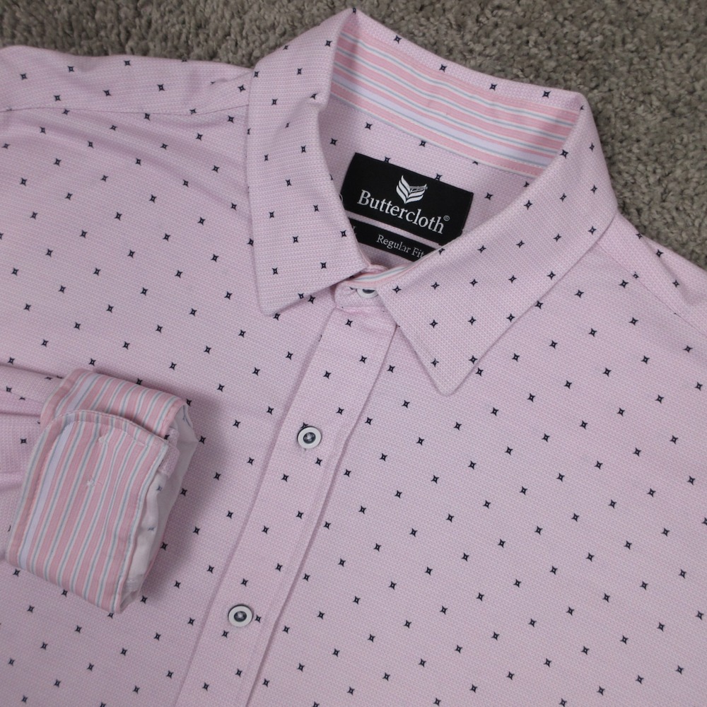 Buttercloth Shirt Mens‎ Large Pink Geometric Regular Fit Flip Cuff Button Up